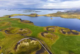 Lake Mývatn aerial view of Skútustaðir Pseudo Craters.