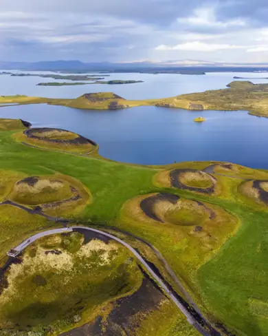 Lake Mývatn aerial view of Skútustaðir Pseudo Craters.