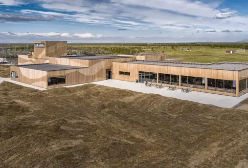 Aerial view of the Lava Center volcano museum in Hvolsvöllur.