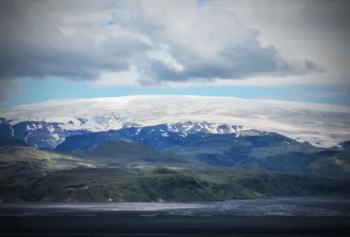 View of Katla volcano covered in snow in Iceland.