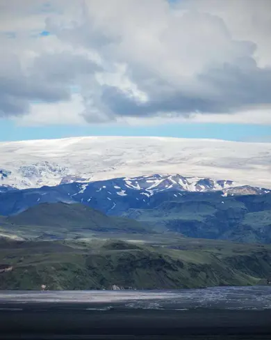 View of Katla volcano covered in snow in Iceland.