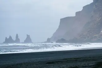 Sea Stacks Waves Reynisfjara Beach Iceland.