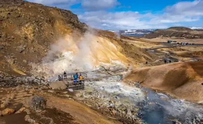 Seltún geothermal area on Reykjanes Peninsula, Iceland, view of the steaming geothermal landscape.