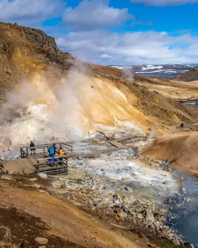 Seltún geothermal area on Reykjanes Peninsula, Iceland, view of the steaming geothermal landscape.