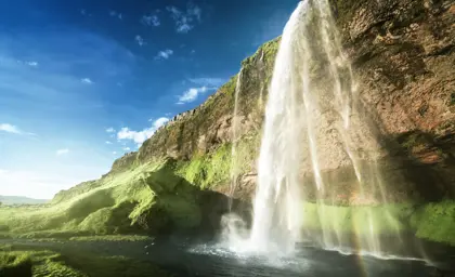 Seljalandsfoss waterfall cascading down a lush green cliff on a sunny day with a clear blue sky during south shore tour in Iceland.