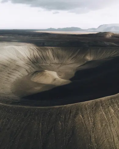 Aerial view Hverfjall Volcano Crater in north Iceland.
