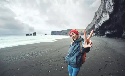 Dyrholaey Black Sand Beach Tourist Peace Sign Travelreykjavik Large