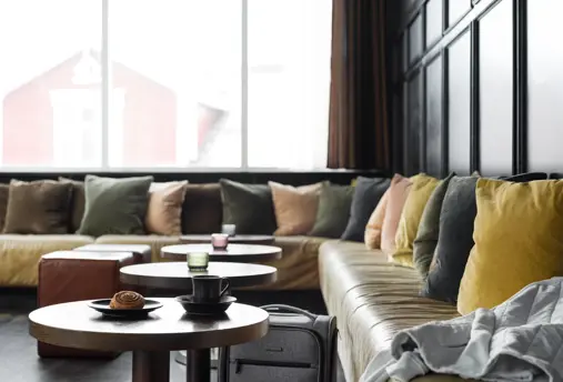 A cosy seating area within the lobby of Hótel Kea in Akureyri, North Iceland.