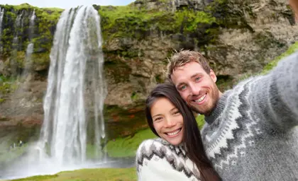 Seljalandsfoss Couple Selfie Icelandic Sweaters Ring Road Romance Travelreykjavik Large