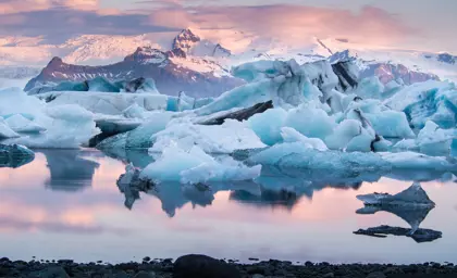 Jokulsarlon Glacier Lagoon Iceland Sunset Pink Glow Glacial Icebergs