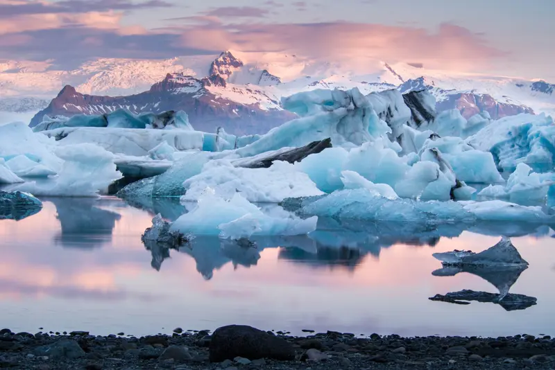 Jokulsarlon Glacier Lagoon Iceland Sunset Pink Glow Glacial Icebergs