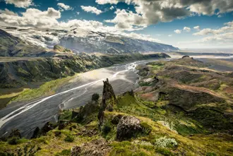 Aerial view of Þórsmörk valley in Iceland's highlands, with glacial rivers cutting through the landscape.