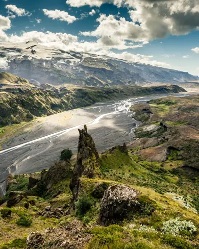 Aerial view of Þórsmörk valley in Iceland's highlands, with glacial rivers cutting through the landscape.