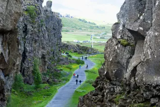 Thingvellir People Walking Cliffs Iceland Large