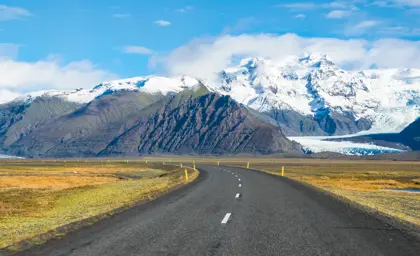 Scenic view from Iceland's Ring Road of Skaftafellsjökull glacier and snow-capped Hvannadalshnúkur mountain in Vatnajökull National Park