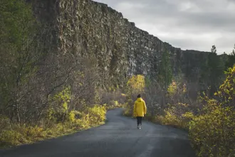 Ásbyrgi in north Iceland with a person walking on road surrounded by trees.