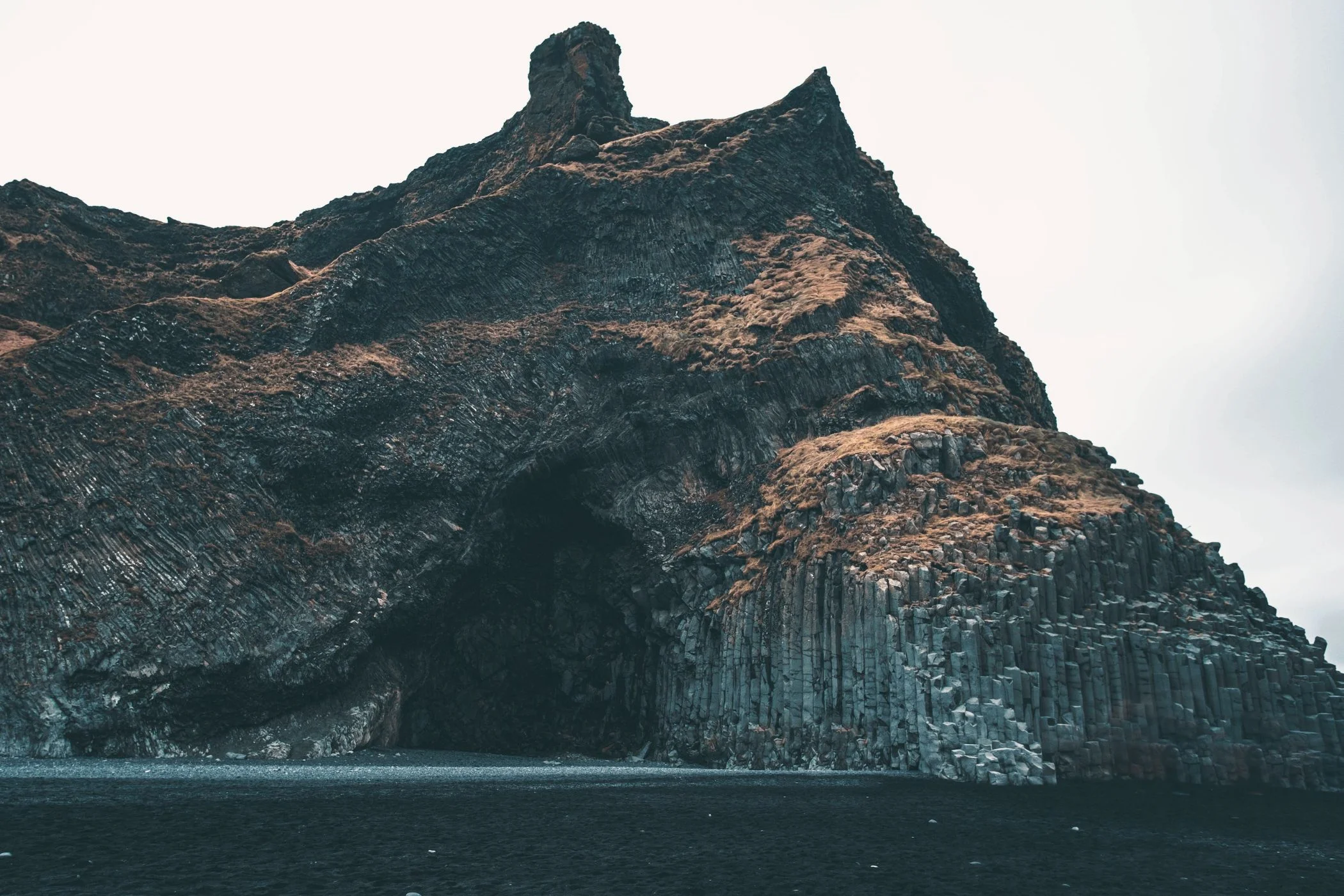 Cave Basalt Columns Black Sand Reynisfjara Beach Iceland.