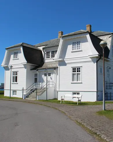 Höfði House in Reykjavík Iceland, where President Ronald Reagan and Soviet leader Mikhail Gorbachev met, with ocean views in the background.