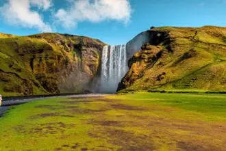 Skogafoss waterfall attraction between Keflavik and Vik í Mýrdal in south Iceland.