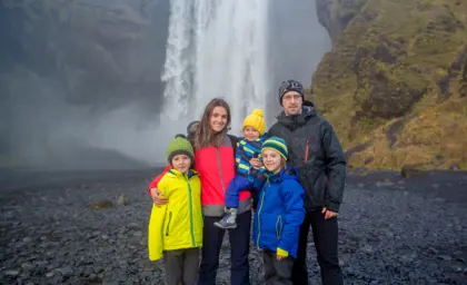 Happy Family Front Of Skogafoss Waterfall Autumn Iceland Travelreykjavik.Jpg Large