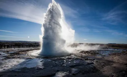 A stunning eruption of the famous Geysir on the Golden Circle tour in Iceland.