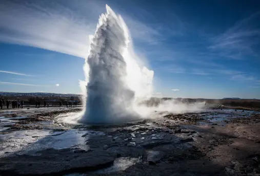 A stunning eruption of the famous Geysir on the Golden Circle tour in Iceland.