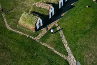 Aerial view of Glaumbær turf house farm and museum in north Iceland. 