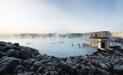 Blue Lagoon swim and bar area within the rocky lava fields.