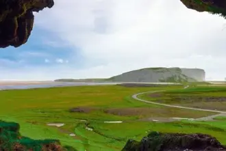View over the south shore of Iceland from inside Loftsalahellir cave.