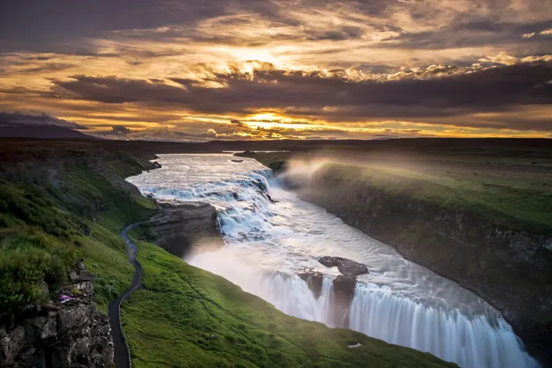Gullfoss waterfall at sunset during stopover day tours with Reykjavík Travel.