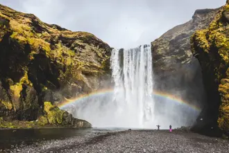 Kids Under Skogafoss Waterfall With Rainbow Iceland Large