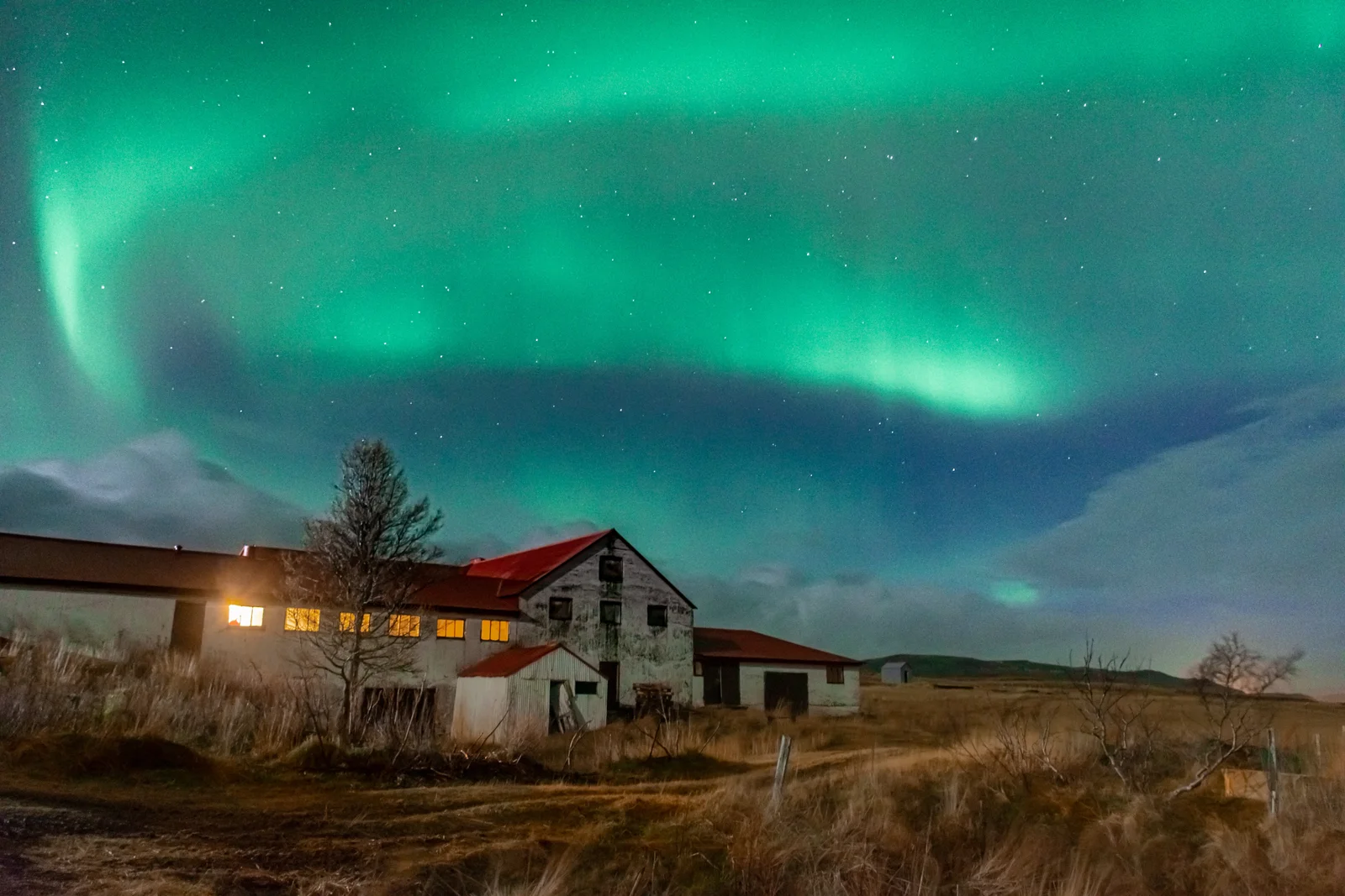 Aurora above old farmhouse on a winter night in Iceland.